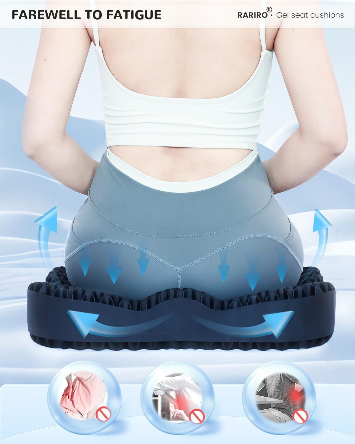 Enlarged 19.7" Gel Seat Cushion, Egg Gel Chair Pads for Wheelchair Pressure Coccyx Sciatica Pain Relief, Cooling Desk Seat Cushion for Kayak, Car, Office Chair Long Sitting[Black]