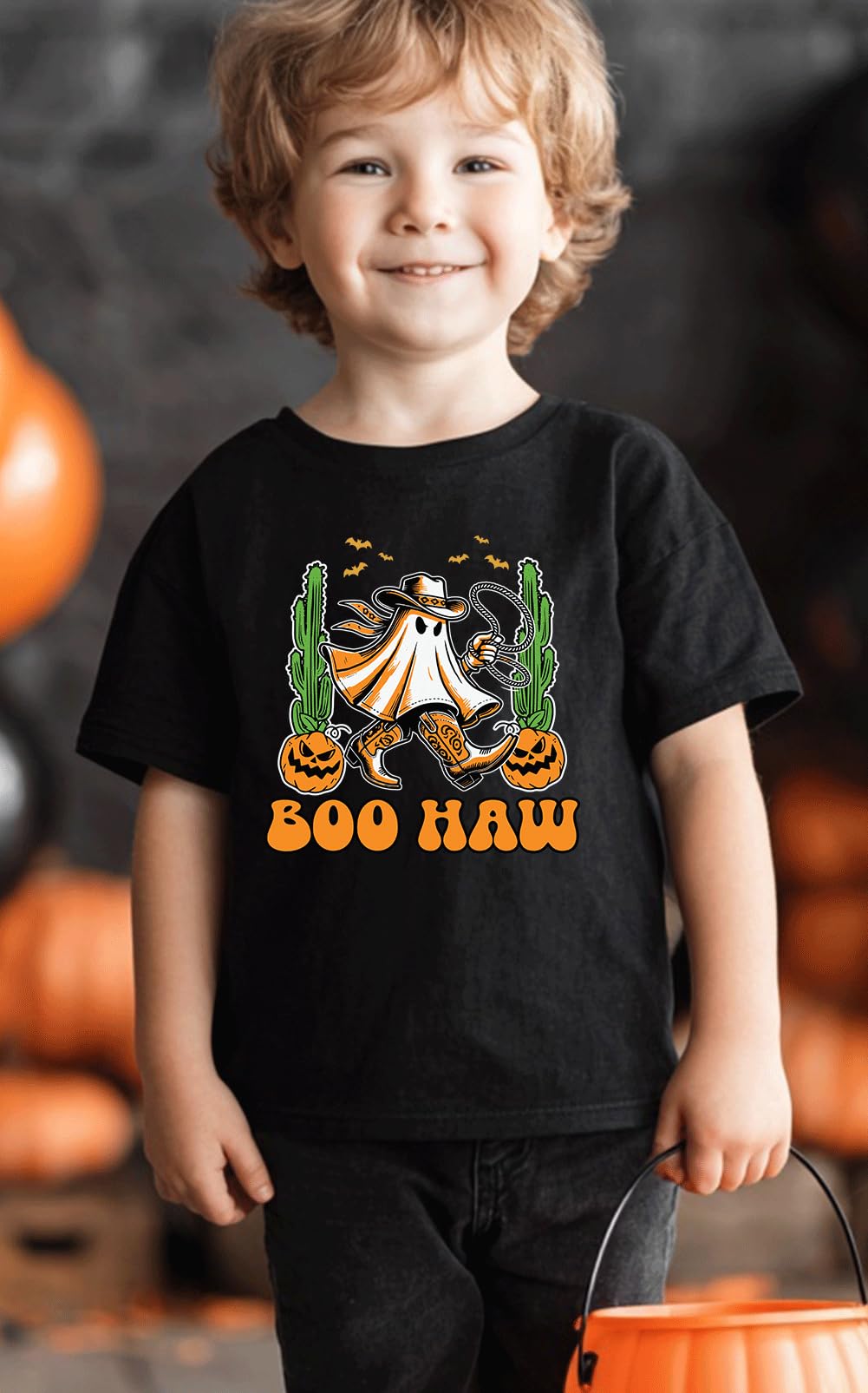 Kids Toddler Little Boys Halloween T-Shirt Western Cowboy Boo Haw Ghost Short Sleeve Top(Black Boo Haw,2-3T)
