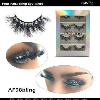False Eyelashes with Glitter Rhinestones On, Bling Lashes 2023 Sparkle Full Strip Mink Eyelash 4 Pairs… (AF08bling)