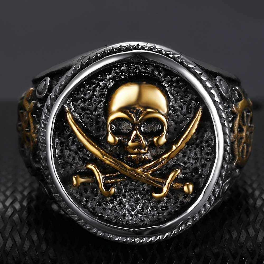 Jude Jewelers Stainless Steel Antique Vintage Skull Pirate Knife Death Halloween Cocktail Party Biker Ring (Silver Gold, 5.5)