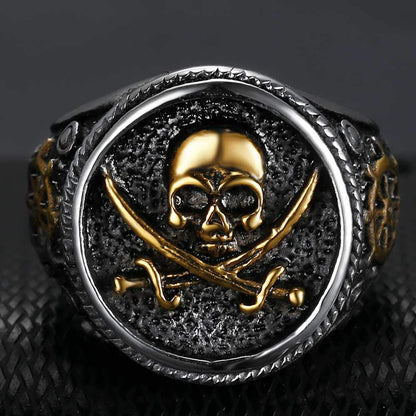 Jude Jewelers Stainless Steel Antique Vintage Skull Pirate Knife Death Halloween Cocktail Party Biker Ring (Silver Gold, 5.5)