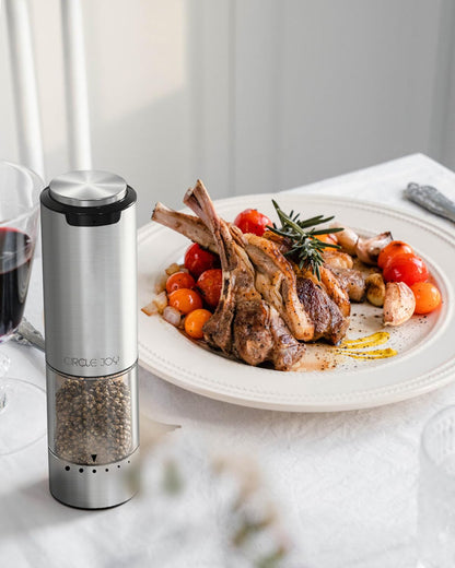 CIRCLE JOY Electric Pepper Grinder Stainless Steel Rechargeable Pepper Mill with External Adjustable Coarseness, 95ml Container and White LED Light, Silver