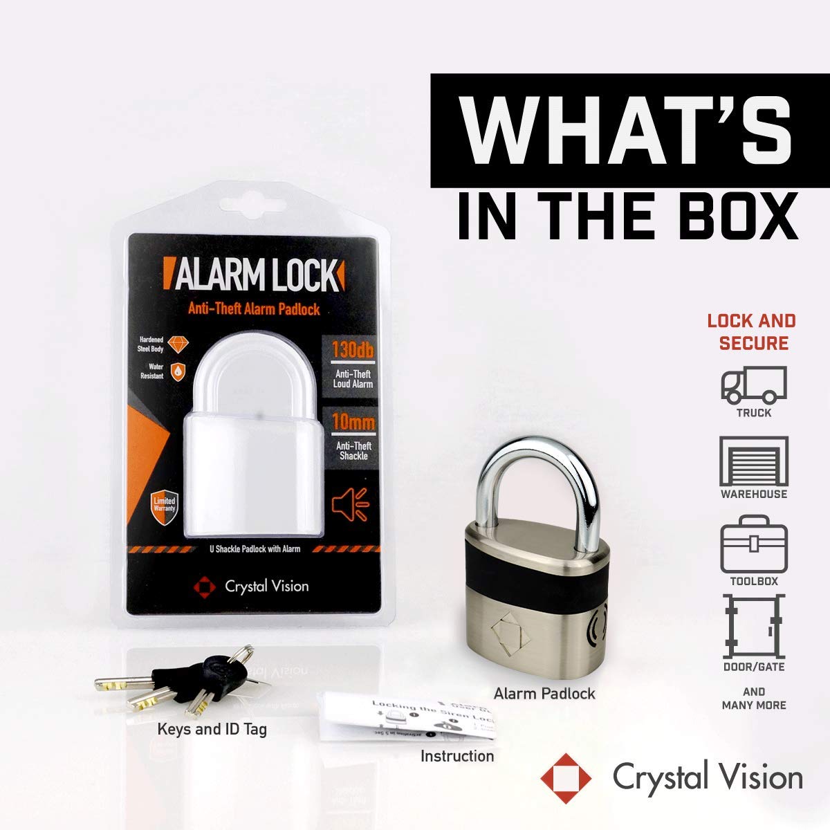 Crystal Vision Anti-Theft Loud 130db Alarm Lock Weather Proof Heavy Duty Multi Purpose (10mm)