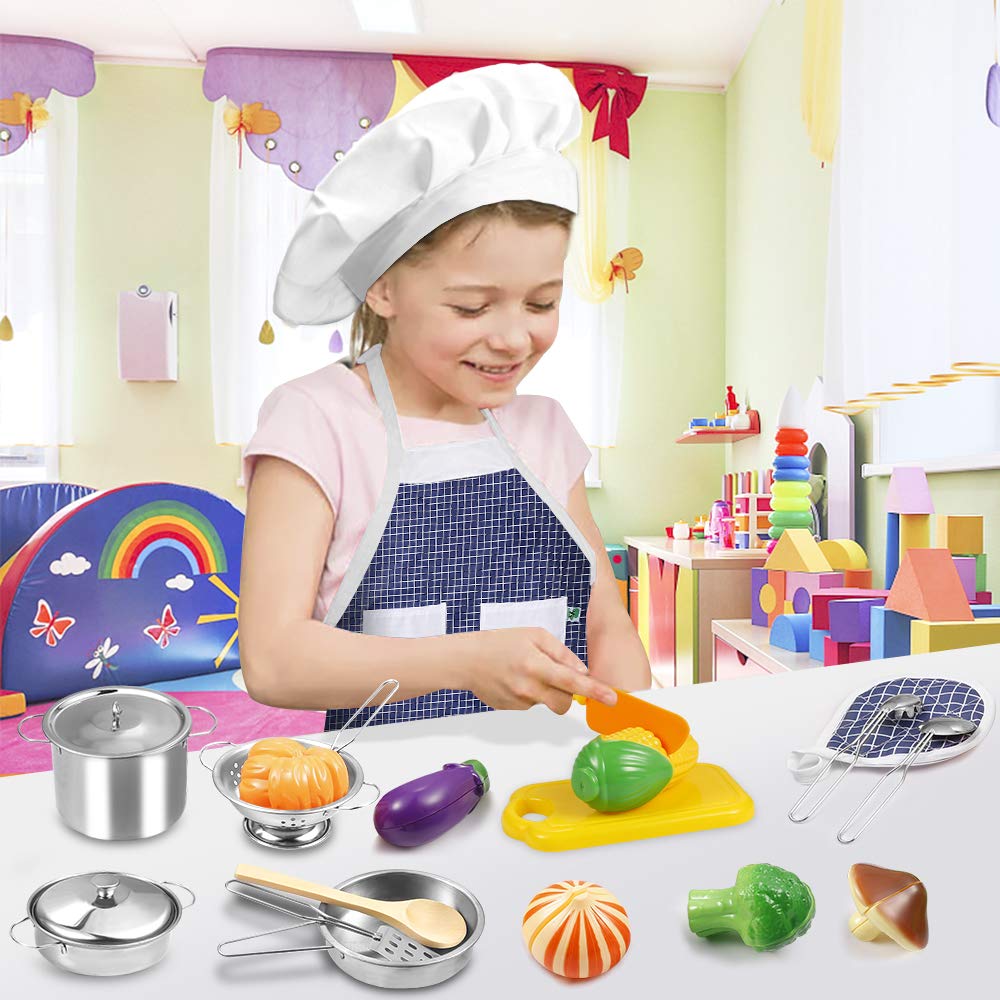 KODATEK Play Kitchen Accessories, Kids Kitchen Pretend Play Toys, Kitchen Set with Stainless Steel Cooking Utensils Cookware Pots and Pans Set Healthy Vegetables, Knife, Apron, Little Chef Boys Girls