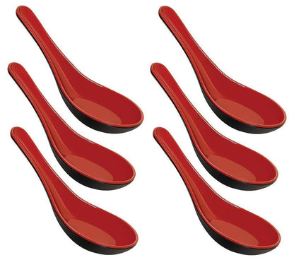Happy Sales Melamine Soba, Rice Spoons, Chinese Won Ton Soup Spoon, Asian Red and Black, 6 Pack Plain Style