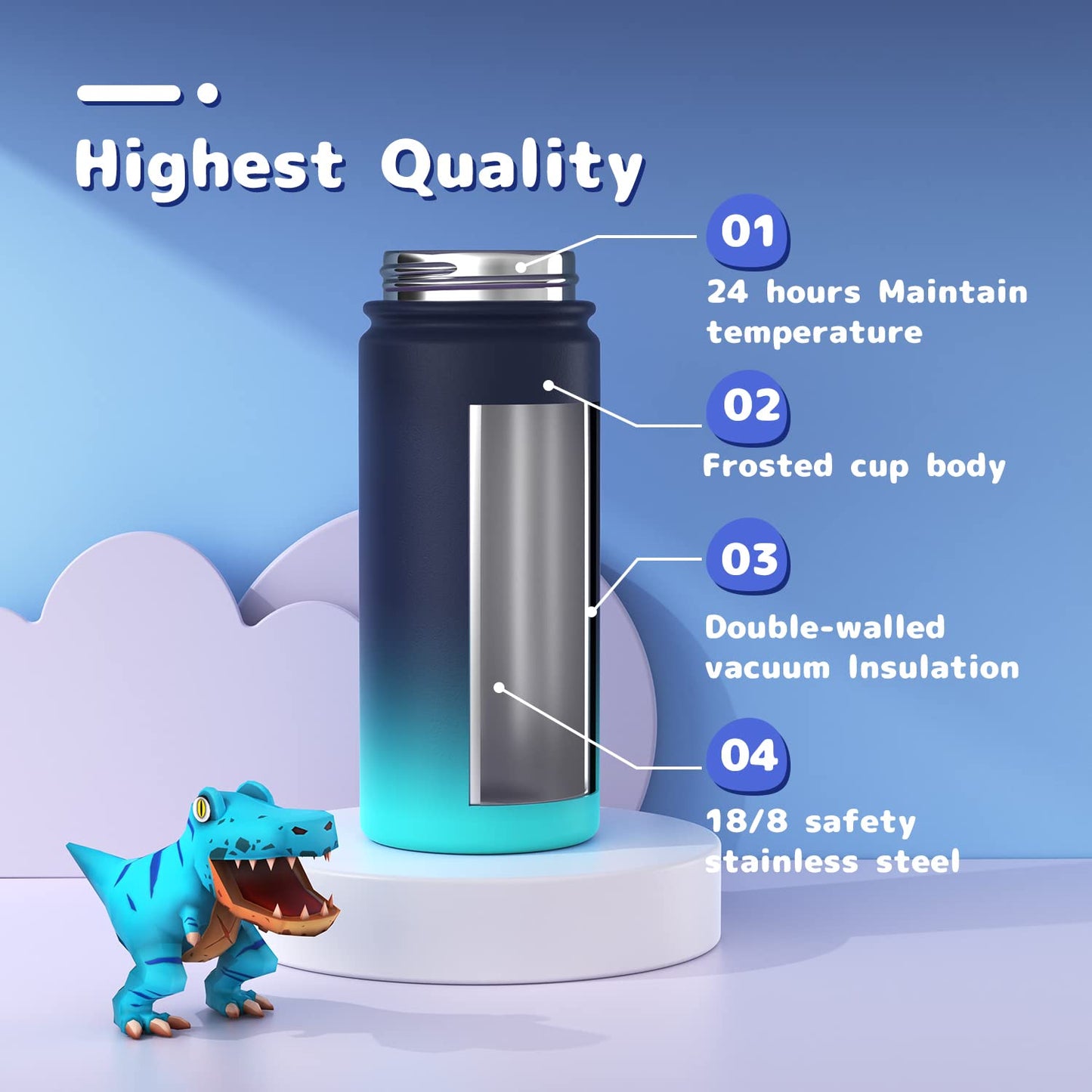 Kids Water Bottle, 2-Pack 16oz Water Bottles with Stickers and Straw, Stainless Steel Vacuum Insulated cup, Kids Water Bottle for School, Gifts for Boys and Girls(Blue/Green)