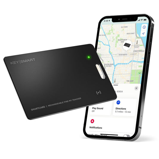 KeySmart MFI-Certified SmartCard Wallet Tracker Card, Compatible with Apple Find My App, Rechargeable Thin GPS Item Finder for Luggage Tag, Smart Bluetooth Tracking with Key Chain Hole Black, 1 Pack