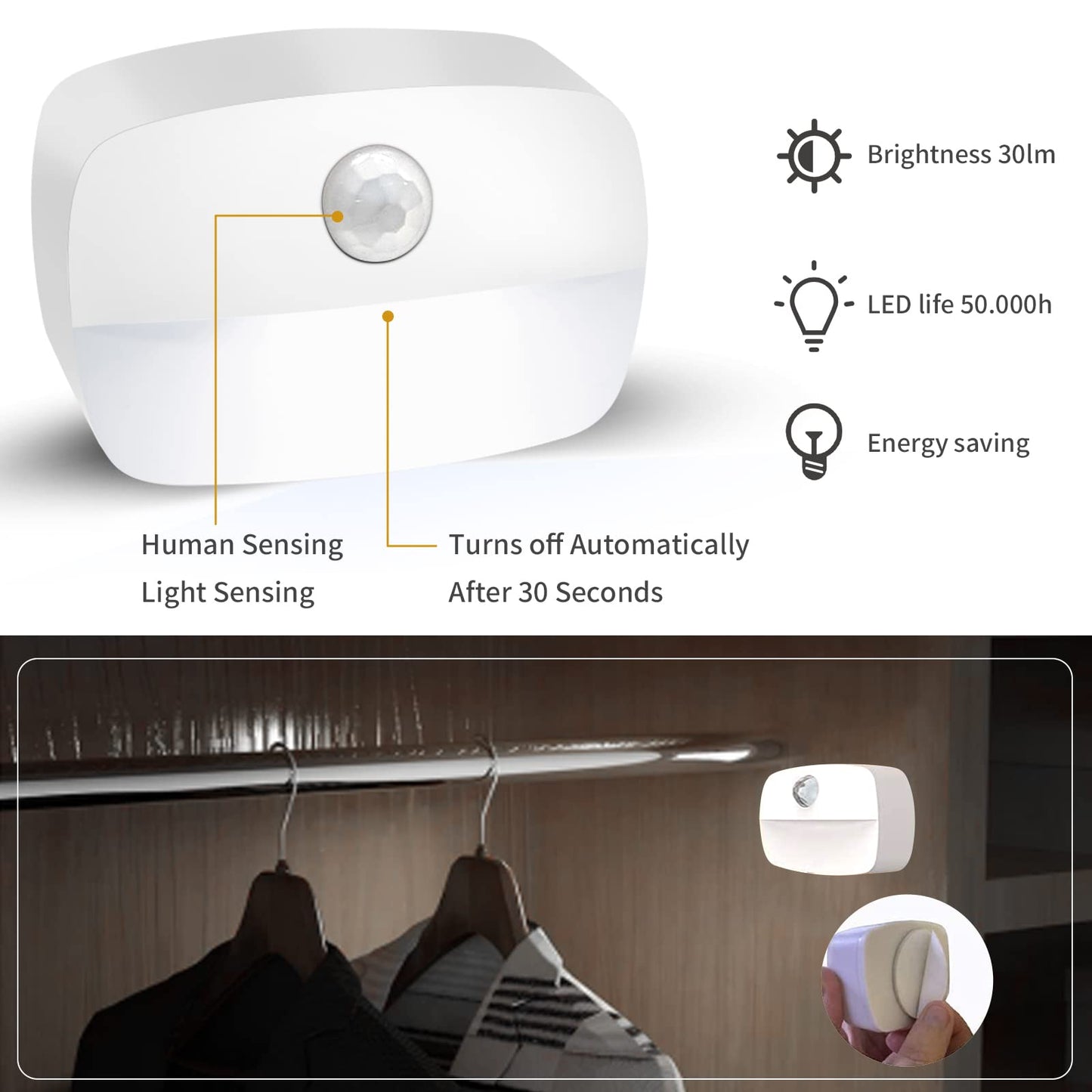 LED Night Light with Motion Sensor, AmmToo Motion Light with Battery, Indoor Night Light, Cabinet Lighting, Auto On/Off Light Sensor Light for Hallway, Stairs, Bathroom, Bedroom (Pack of 2)