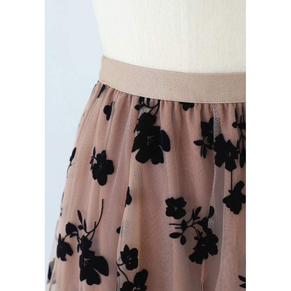 CHICWISH Women's Caramel 3D Posy Double-Layered Mesh Midi Skirt, Size S-M