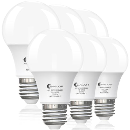 evelor 6-Pack A19 LED Light Bulbs,60 Watt Equivalent Daylight 5000K with E26 Base,Efficient 9W,800 Lumens Non-Dimmable LED Bulbs,15000 Hours, Ideal for Bedroom Living Room