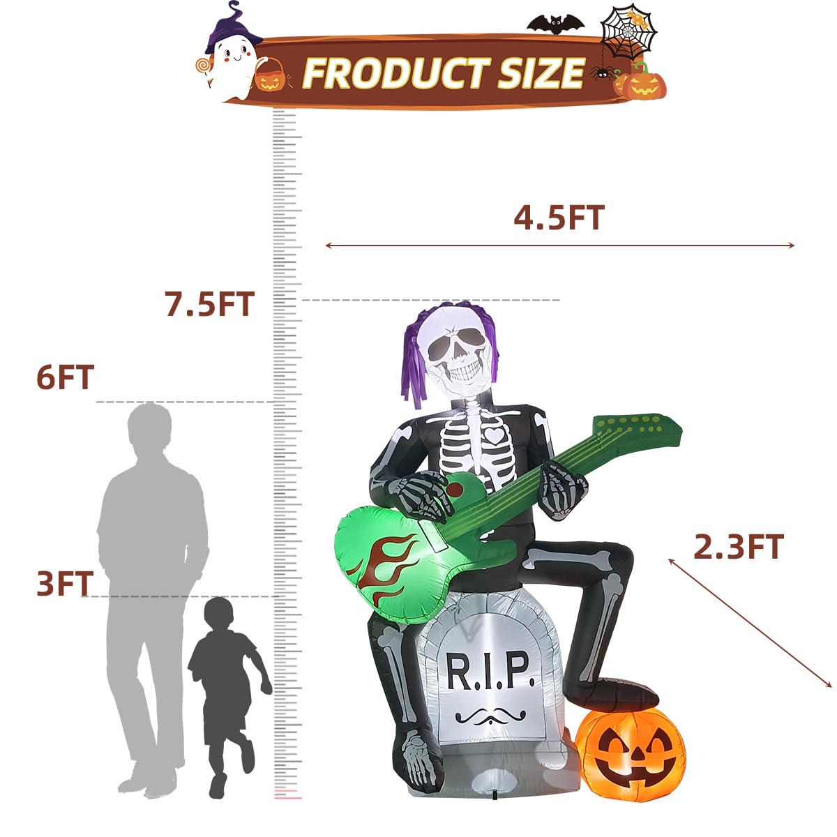 Halloween Inflatables Outdoor Decorations,7 Feet Rock Jack on Tombstone, Ghost with Pumpkin Decor, LED Lights, Blow up Lighted Yard Lawn Home