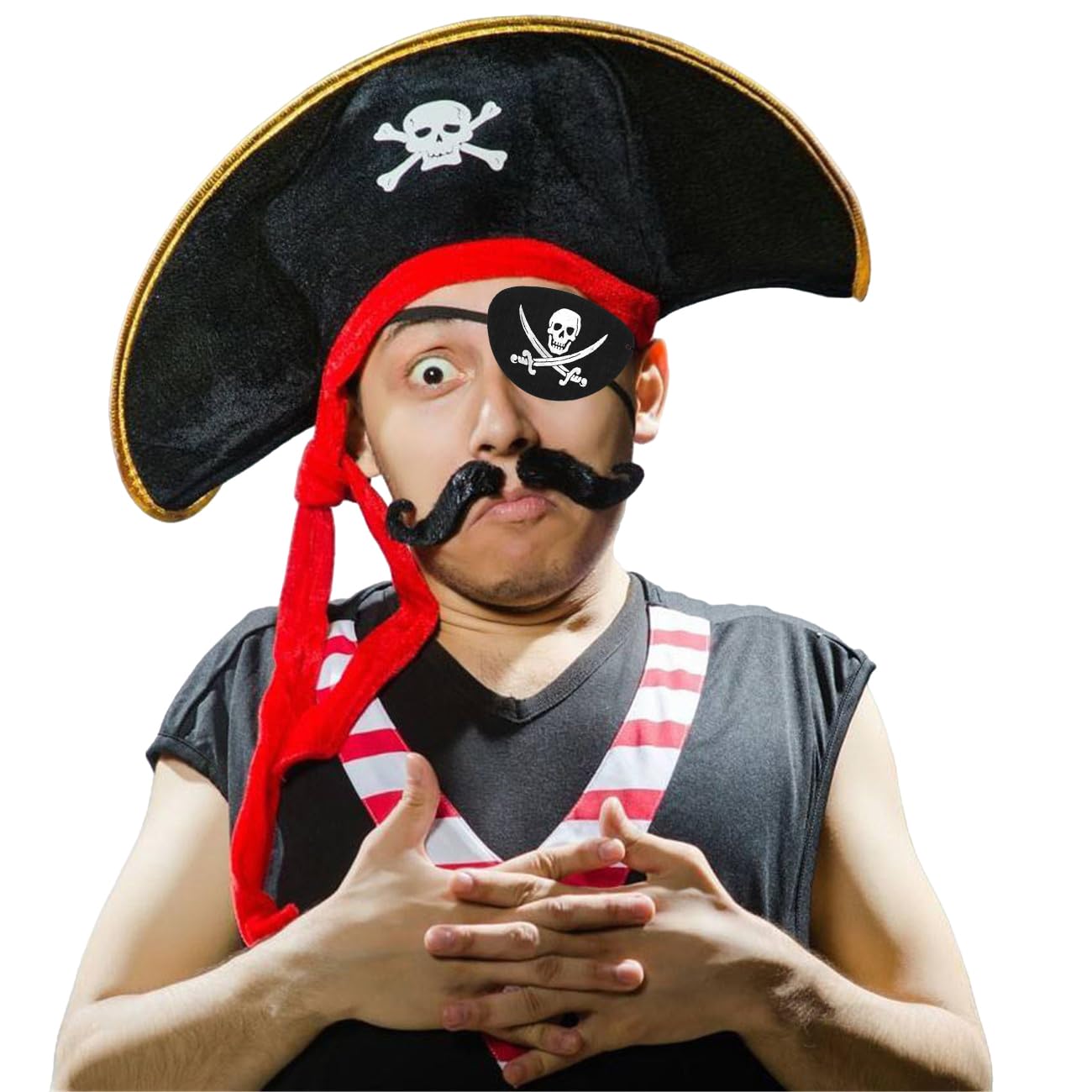 D-Fokes 2 Pieces Pirate Hat Skull Print Pirate Captain Costume Cap - Pirate Accessories Funny Party Hat for Caribbean Fancy Dress with Eye Patch