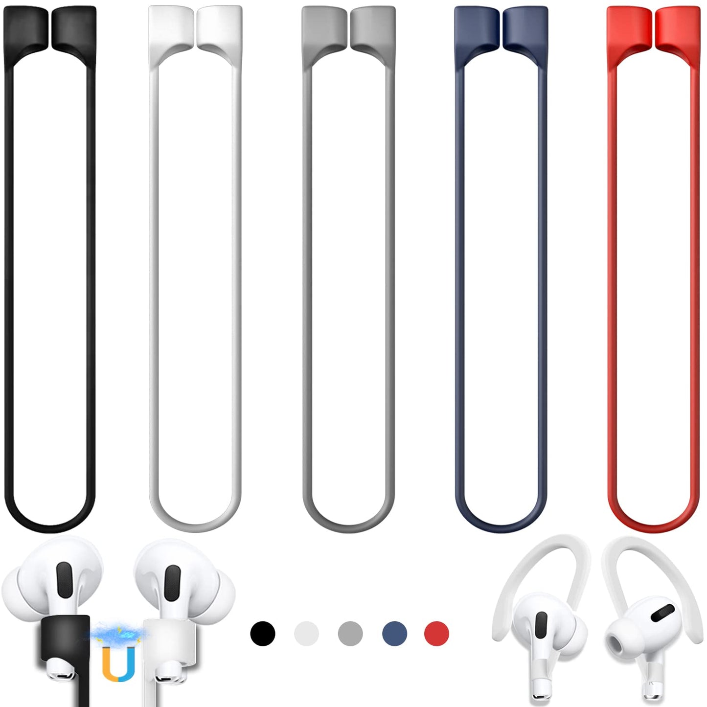 5 Pack Ultra Strong Magnetic AirPods Straps, Anti-Lost Cord for AirPods 4rd / AirPods Pro 1st and 2nd / AirPod 3rd /AirPod 1st and 2nd,Silicone Sports Lanyard and Ear Hook- 5 Straps + 2 EarHook