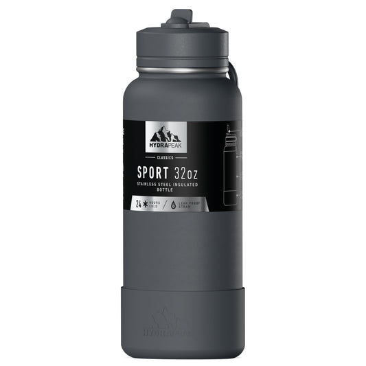 Hydrapeak 32oz Sport Insulated Water Bottle with Straw or Chug Lid, Leak & Spill Proof, Keeps Drinks Cold for 24 Hours, Hot for 12 Hours (Grey Matter)