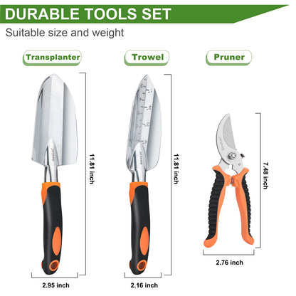 Gostur Garden Tool Set, 3PCS Sturdy Gardening Hand Tools Kit - Trowel/Shovel, Transplanter, Sharp Bypass Pruning Shears/Scissors/Clippers - Comfortable Handle - Ideal Gifts for Men & Women