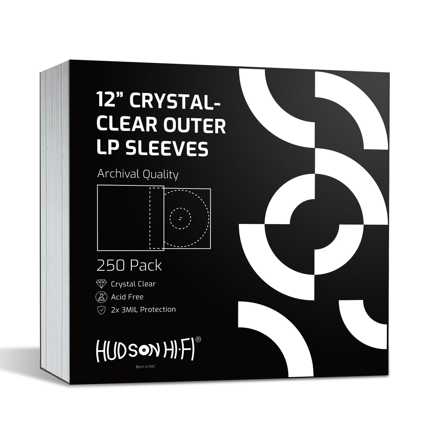 Hudson Hi-Fi Vinyl Record Outer Sleeve Covers - 250 Pack - Premium Crystal Clear Sleeves - Protect Your LP Albums from Scratches, Dirt & Dust - 3 Layers of 30µm Thick No-Acid Exterior Disc Cover