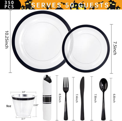 I00000 350 Pcs Clear and Black Plastic Plates,Black Dinnerware Set, Include 50 Dinner and 50 Dessert Plates,50 Plastic Cups,50 Per Rolled Napkins with Cutlery for Party,Wedding,Halloween