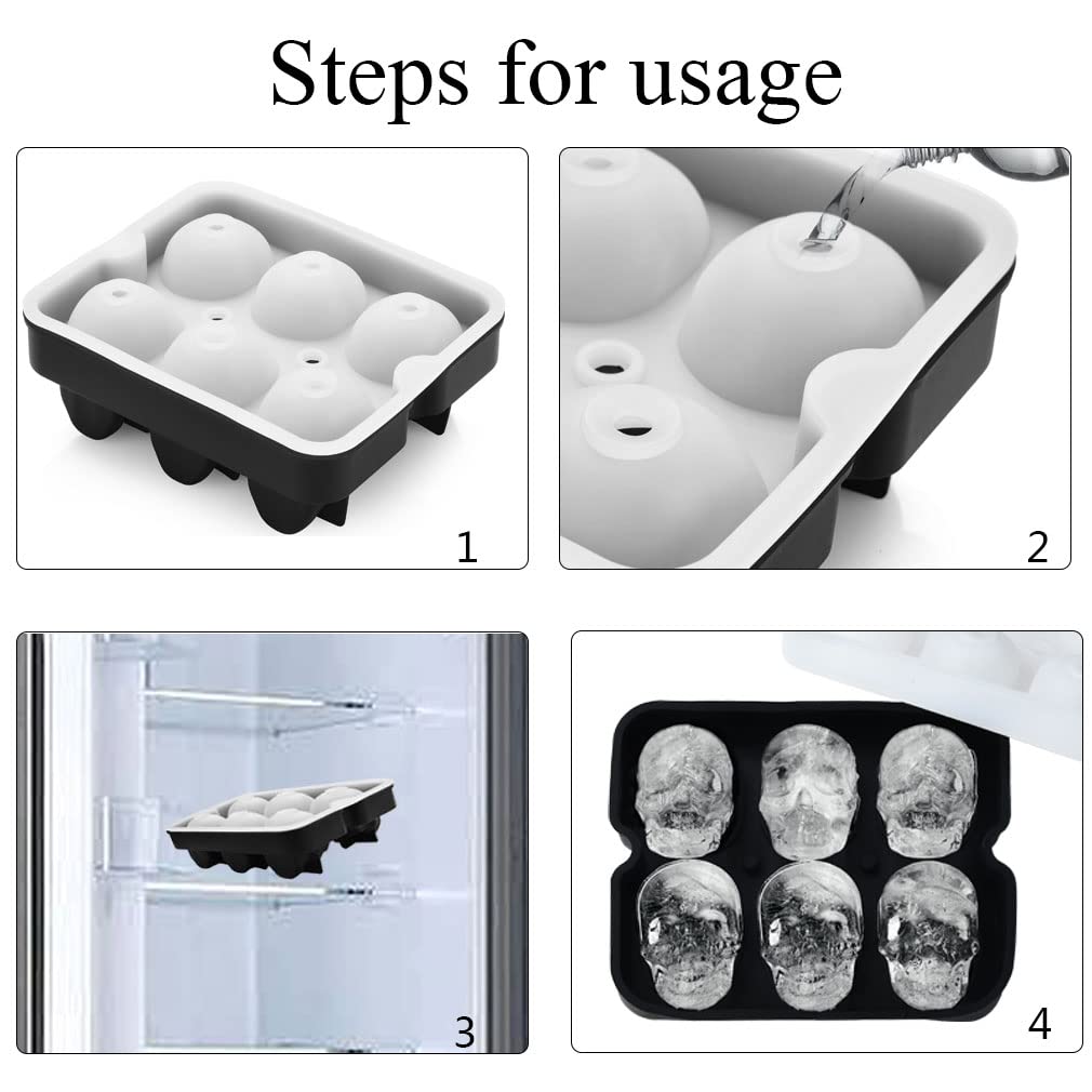 Large Skull Ice Cube Mold Silicone Ice Cube Tray with Transparent lid, A Set of 6 Flexible Silicone Ice Maker, Ice Trays for Freezer for Whiskey, Cocktails, Champagne and Drinks