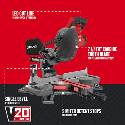 CRAFTSMAN V20 Cordless Sliding Miter Saw, 7-1/4 inch, Single Bevel, Battery and Charger Included (CMCS714M1)