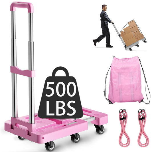 Folding Hand Truck, Foldable Cart for 500 lbs Heavy Luggage, Hand Truck Dolly, 6-Wheel Foldable Dolly with 2 Ropes, Ideal for Home, Office, and Travel Moving (Pink)