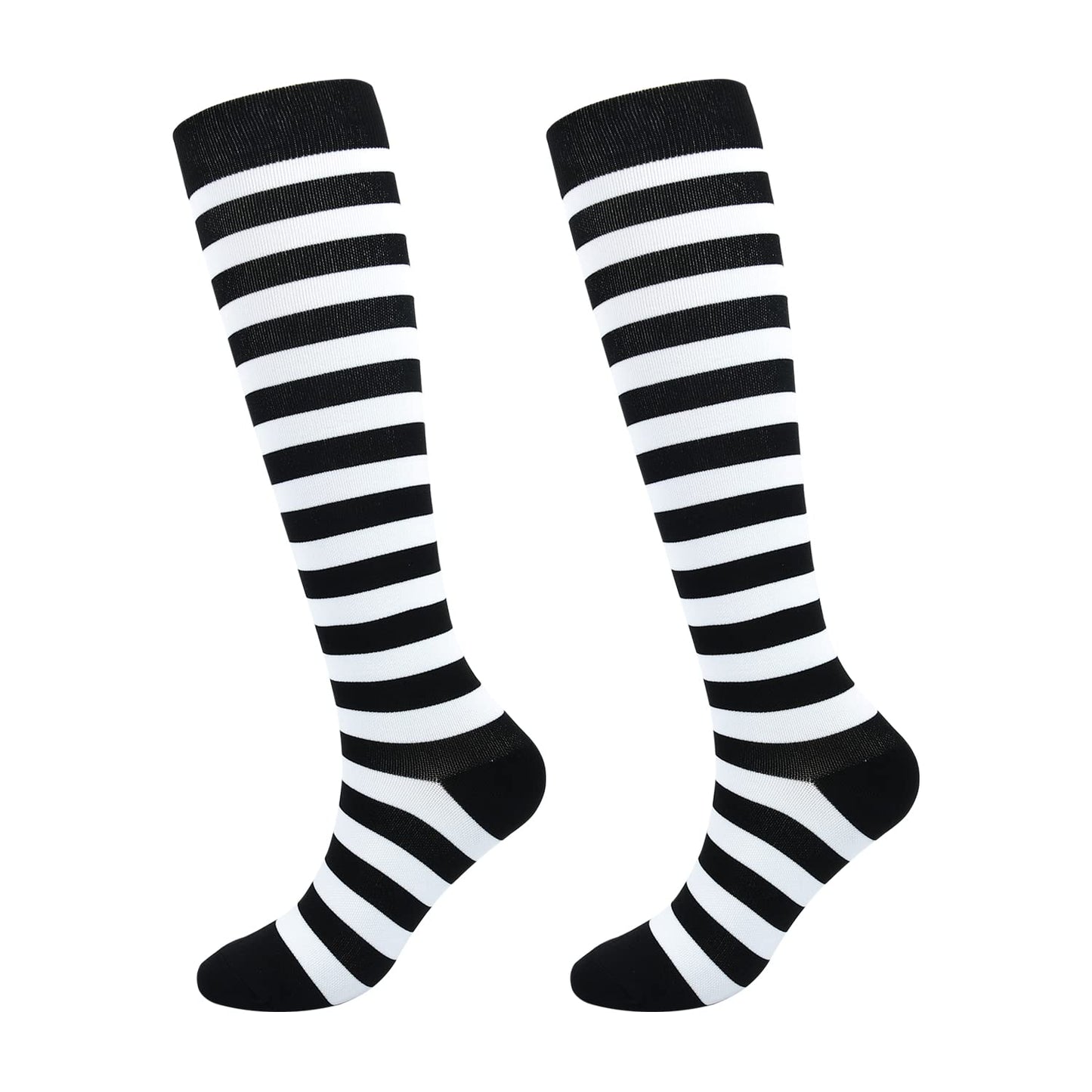Junely Compression Socks for Women Striped Knee High Stockings for Halloween Goth Running Athletic Nurses Pregnant Women Work Support Travel Flight Sports Gifts Black White