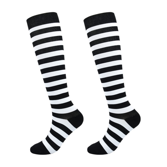 Junely Compression Socks for Women Striped Knee High Stockings for Halloween Goth Running Athletic Nurses Pregnant Women Work Support Travel Flight Sports Gifts Black White