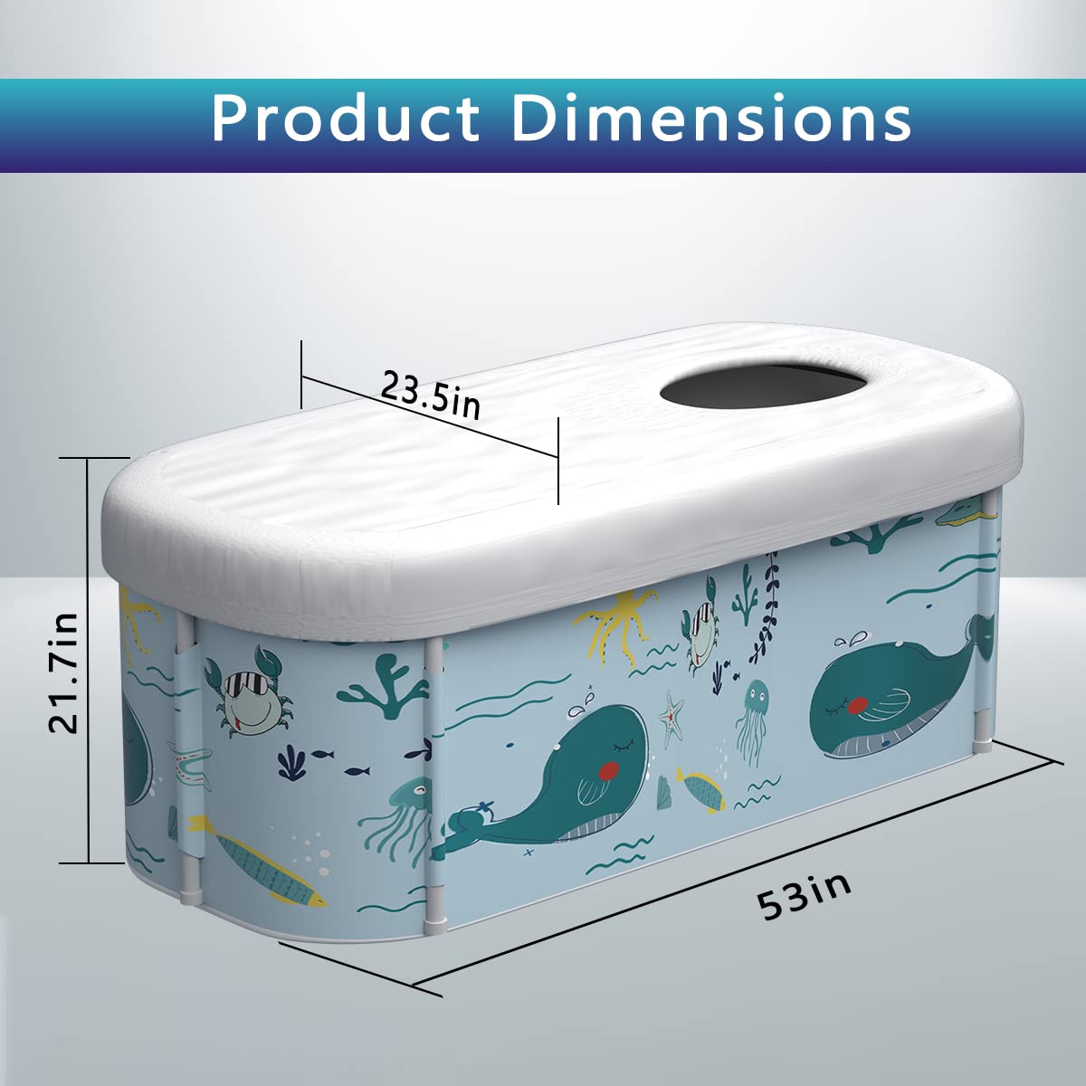 53" Extra Large Portable Foldable Bathtub with Cover for Adult, Family SPA Soaking Tub for Small Bathroom, Thicken Multiple Layer Bathtub with Lid for Shower Stall (53" Ocean Style）