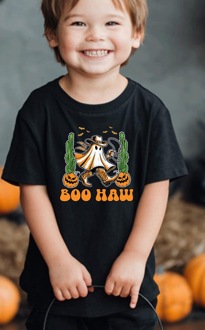 Kids Toddler Little Boys Halloween T-Shirt Western Cowboy Boo Haw Ghost Short Sleeve Top(Black Boo Haw,2-3T)
