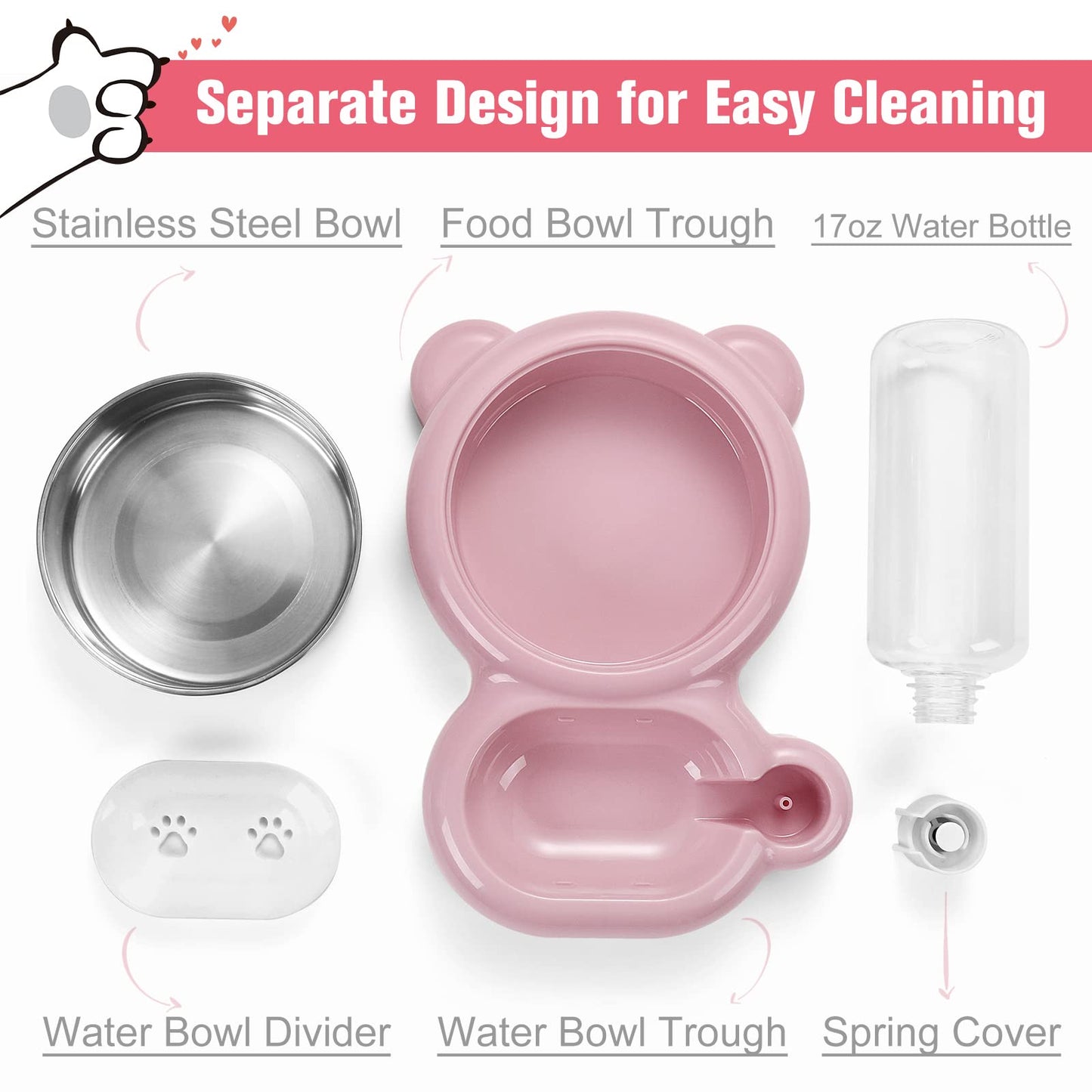 Dog Bowls, Cat Food and Water Bowl Set with Water Dispenser and Stainless Steel Bowl for Cats and Small Dogs - Pink