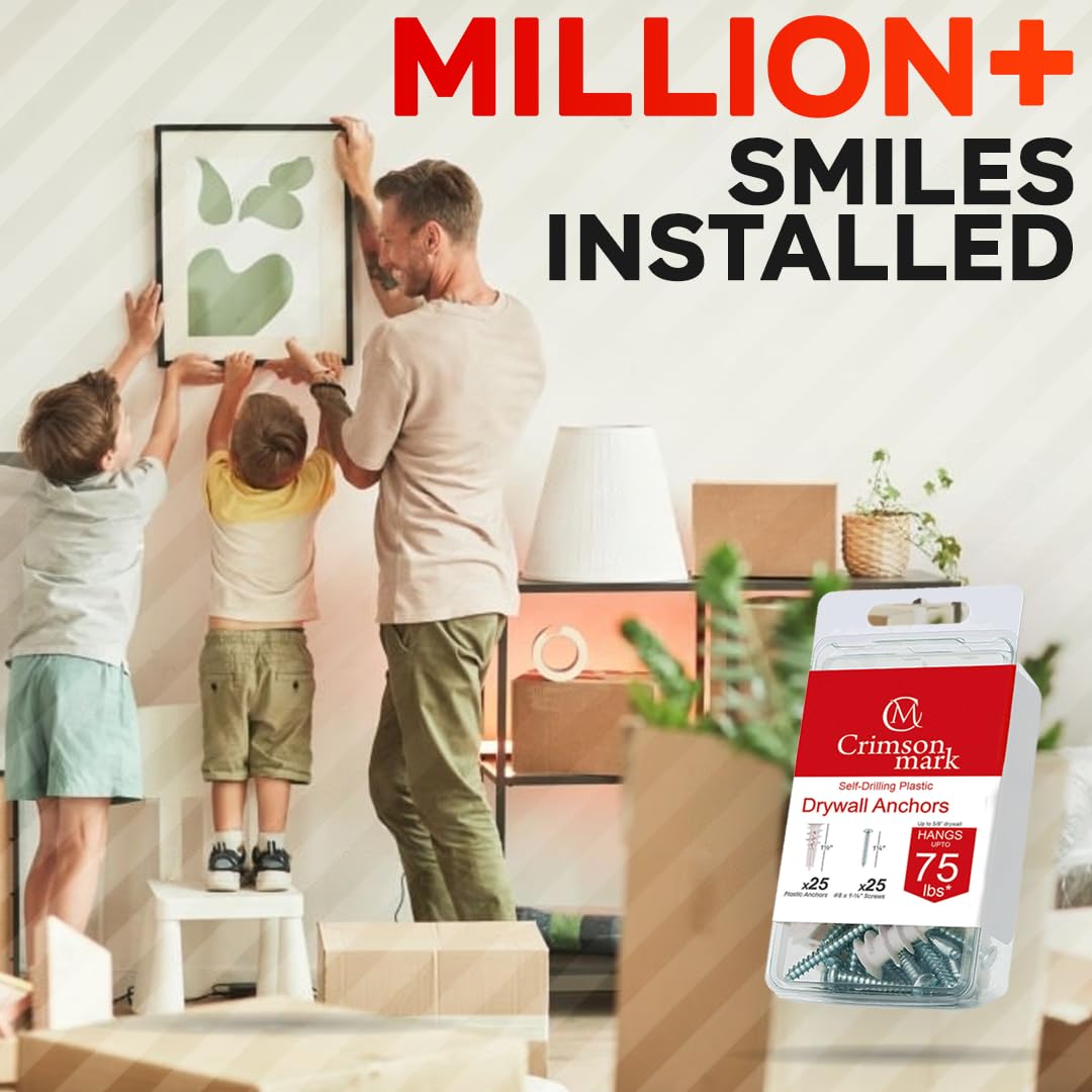 CrimsonMark 120Pcs #8 Self Drilling Drywall Anchors and Screws kit #8 x 1-1/4”- Superb Wall Anchors for Drywall, Holds Upto 75lbs – No Drill Hole Required with These Dry Wall Screws and Anchors