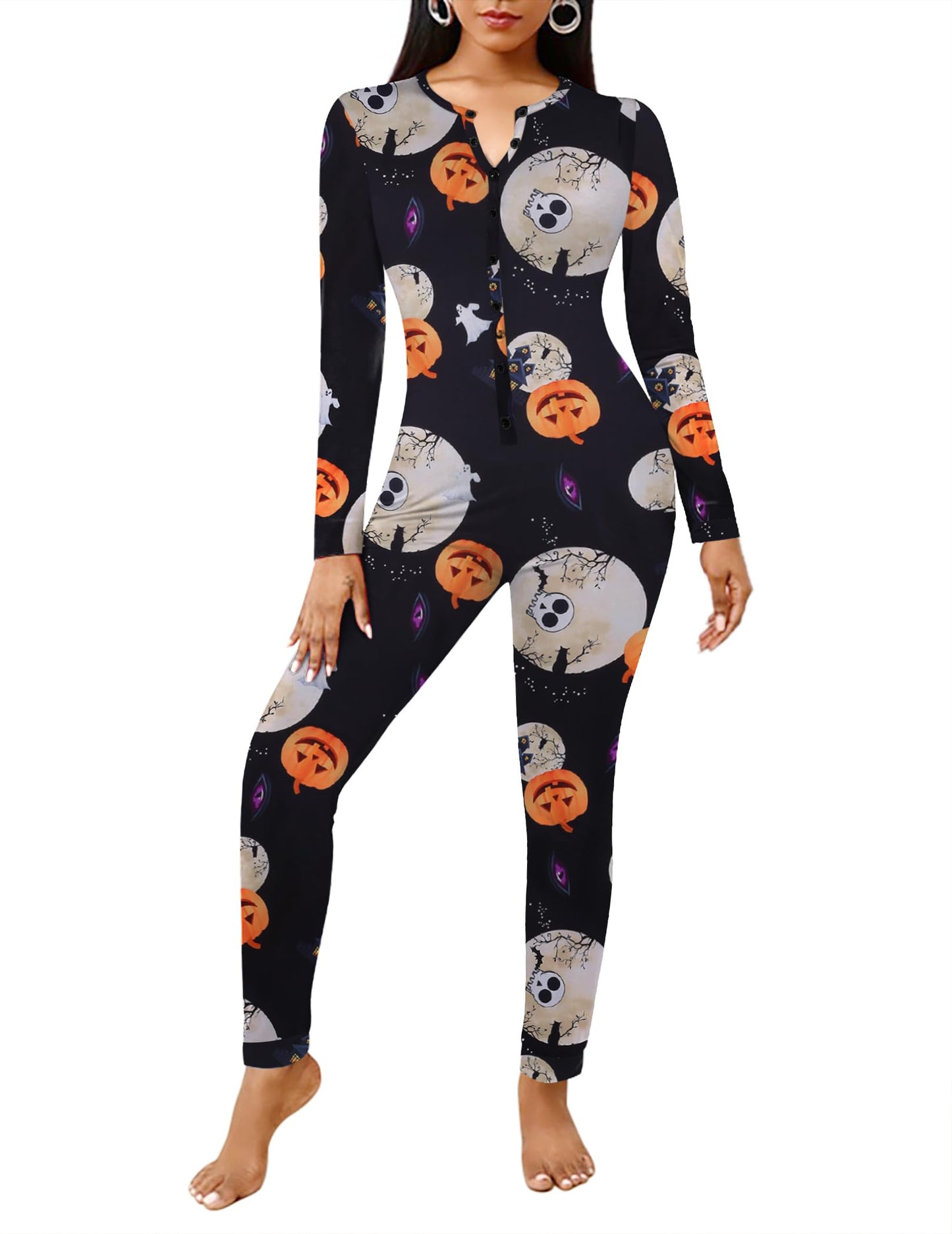 Ekouaer Halloween Onesie Adult Womens Onesie Pajamas Button One Piece Pajama Long Sleeve Sleepwear for Women