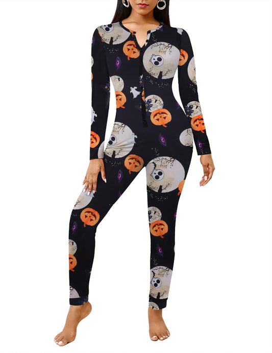 Ekouaer Halloween Onesie Adult Womens Onesie Pajamas Button One Piece Pajama Long Sleeve Sleepwear for Women