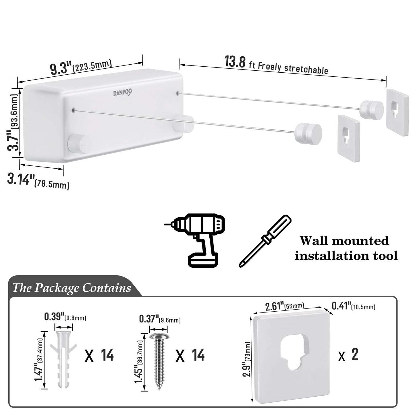 Danpoo Retractable Clothesline Indoor/Outdoor, Clothes Line Retracting Indoor, Double Clothes Lines for Hanging Clothes with 13.8 Ft Steel Wire, Laundry Line, Clothes Drying Line, White