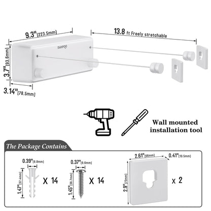 Danpoo Retractable Clothesline Indoor/Outdoor, Clothes Line Retracting Indoor, Double Clothes Lines for Hanging Clothes with 13.8 Ft Steel Wire, Laundry Line, Clothes Drying Line, White