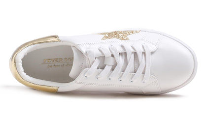 FEVERSOLE Women's Featured PU Leather Colorful Lace Up Sneaker White Glitter Gold Star Size 7.5 M US