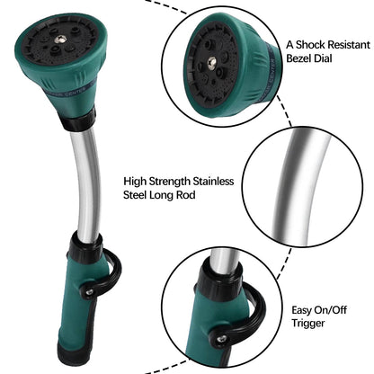 Cytheria Watering Wand,15 in Garden Hose Nozzle Sprayerwith 8 Adjustable Watering Patterns Rain Wand and Thumb Control Shut Off Valve for Car Washing,Watering Seedling Beds,Flowers,Lawn (Green)
