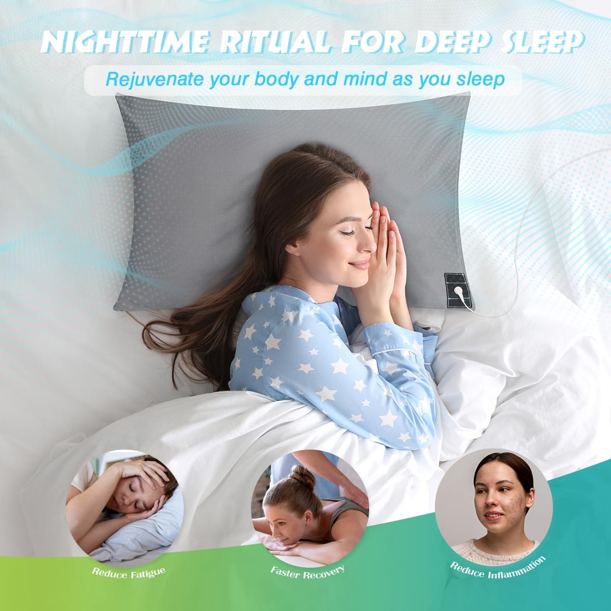 Grounding Pillowcase Queen Conductive Grounding Mat with 15ft Grounding Cord 20x30in Sleep Therapy Relieve Stress Increase Energy Gray