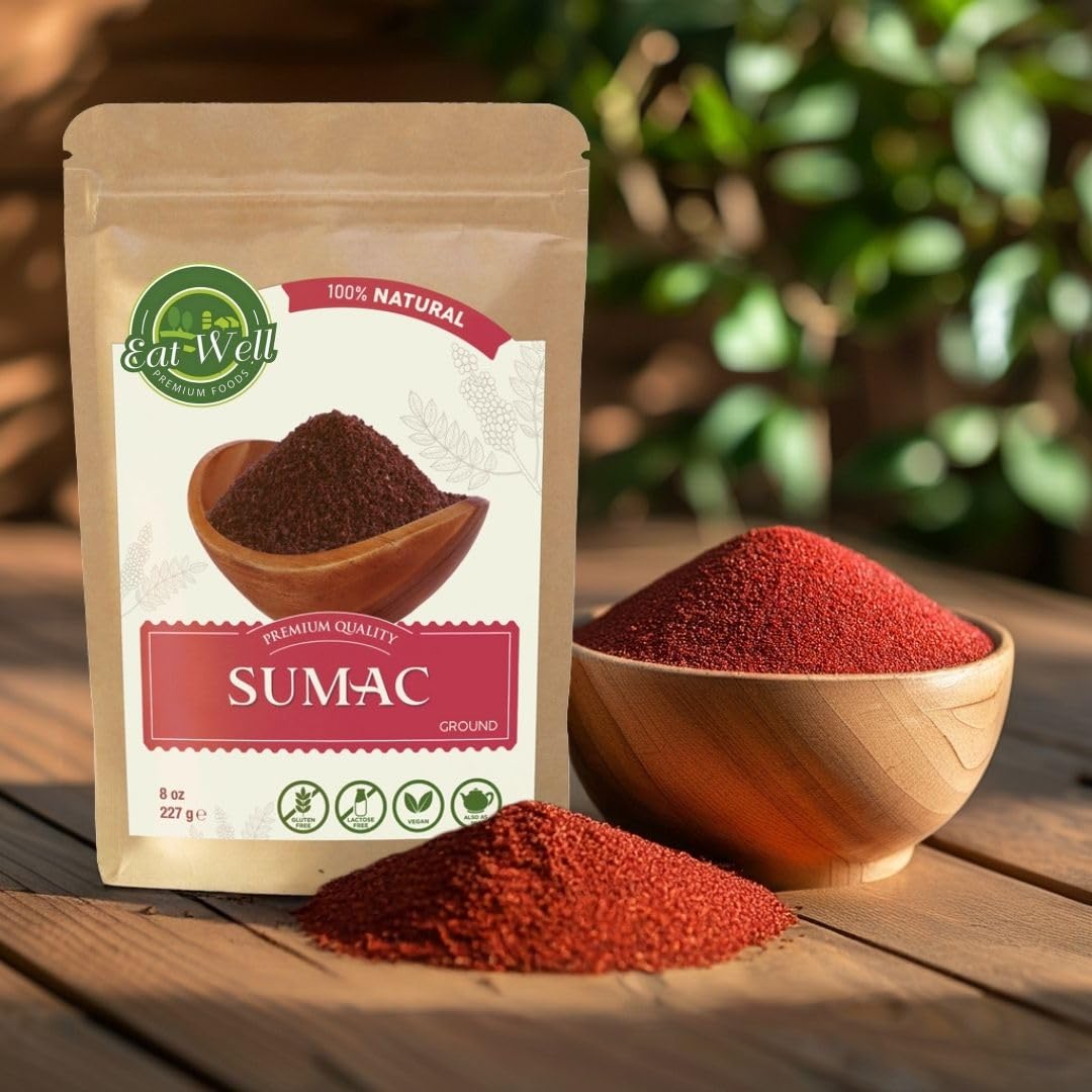 Eat Well Premium Foods Sumac Spice Powder 8 oz Ground Sumac Berries in Resealable Pack, 100% Natural Traditional Middle Eastern Spices, Sumac Seasoning with Pure Gourmet Ingredients for Cooking, Tangy and Citrusy