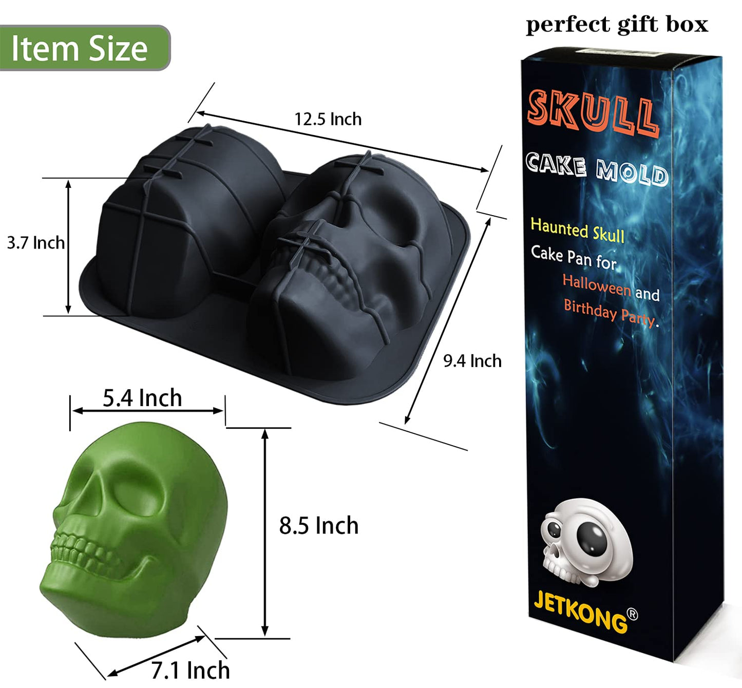 JETKONG Extra Large Silicone Skull Cake Mold Haunted Skull Baking Cake Pan for Halloween and Birthday Party