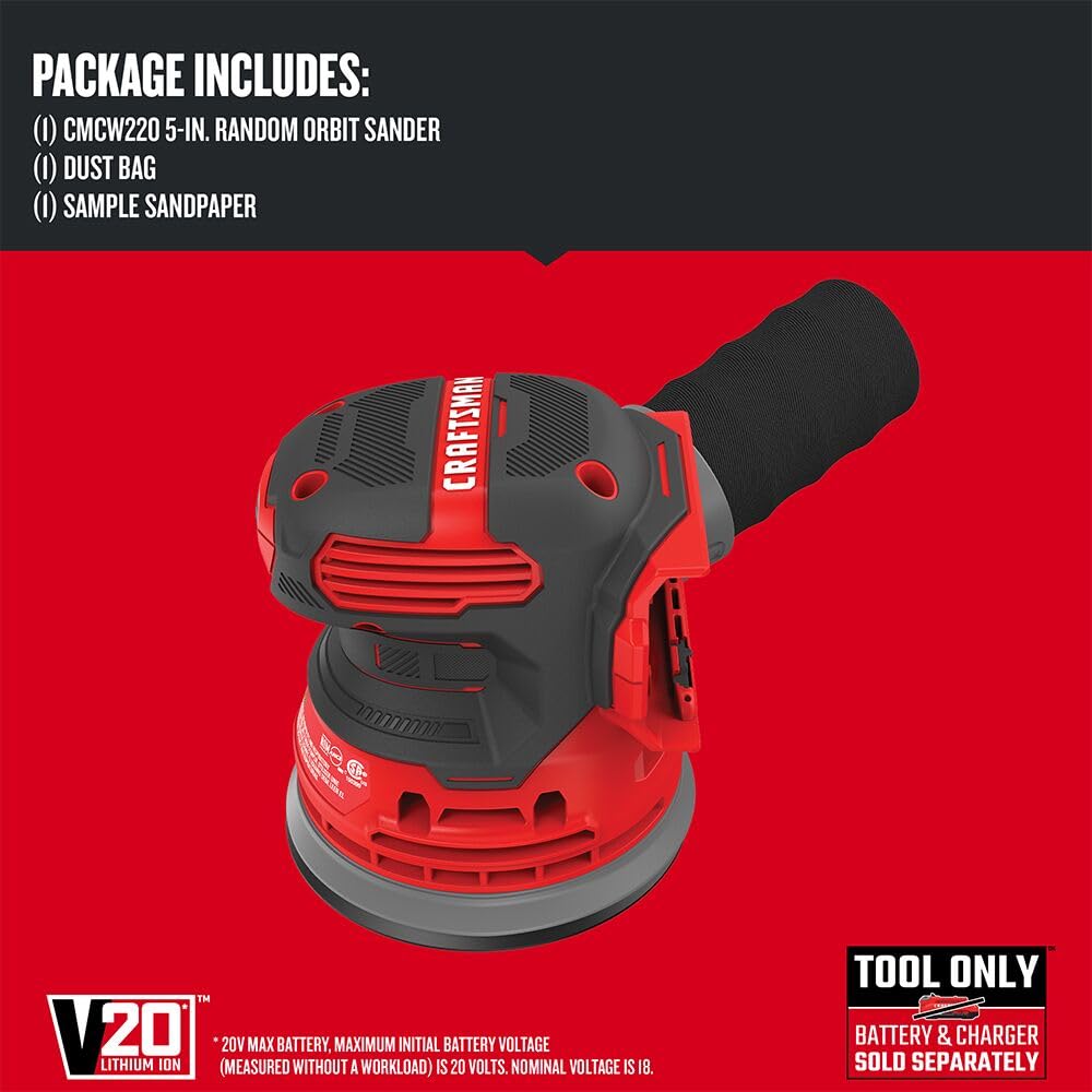 CRAFTSMAN V20 Orbital Sander, Cordless, 12,000 OPM, Bare Tool Only (CMCW220B)