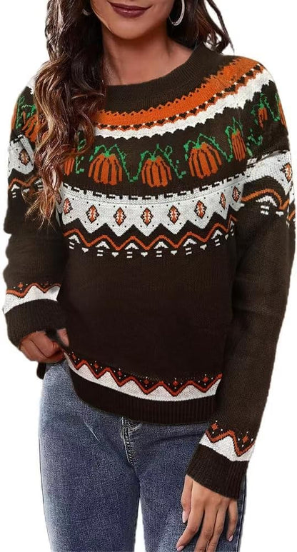Fall Halloween Knitted Sweater for Women Winter Holiday Xmas Christmas Pullover Sweatshirt Tops(Halloween-Z-Brown,M)