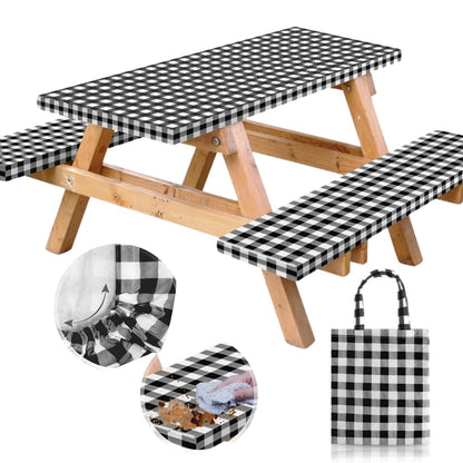 RNOONY Vinyl Fitted Picnic Table Cover with Bench Covers and Bag, 6ft Outdoor Waterproof Windproof Tablecloth with Elastic Edges. Camping RV Gear Campers Must Have 72x30 Inches 4 Pcs Set (Black)