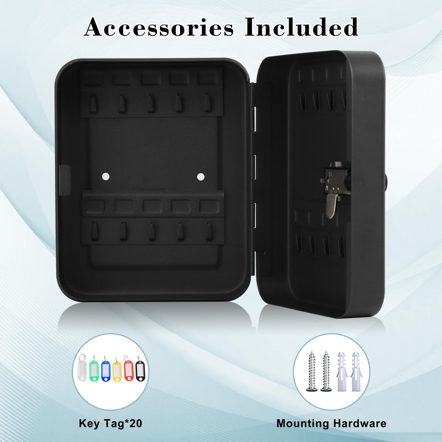 KYODOLED 20 Key Storage Lock Box with Code, Key Cabinet Organizer Wall Mount with Combination Lock, Key Hooks & Labels, 7.87 x 6.3 x 3.14 in, Black