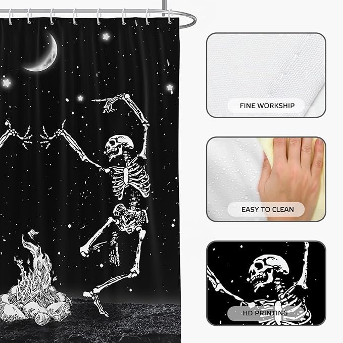 EOVDSFW Funny Halloween Shower Curtain for Bathroom Set Black Gothic Spooky Goth Skull Dark Moon Cool Fun Bath 60 x 72 Inch Decorative Polyester Fabric Cloth Home Decor with 12 Pack Hooks