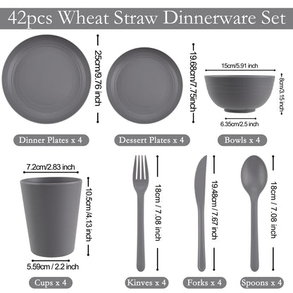 EI 42pcs Wheat Straw Dinnerware Set,Reusable Plastic Plates Unbreakable,Plates and Bowls Sets for College Dorm Room,Camping,Picninc,Halloween