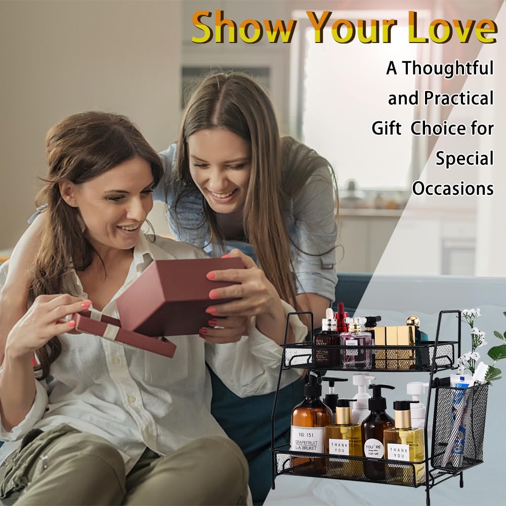 LEMIKKLE Countertop Organizer for Bathroom Counter, The Organizer for Bedroom, Spice Rack Organizer for Kitchen Counter Shelf with Small Basket(Black)