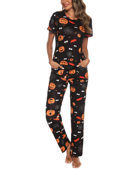 EISHOPEER Women's Halloween Pajama Set Printed Short Sleeve Top & Long Pants Sleepwear Pjs Sets Black XS