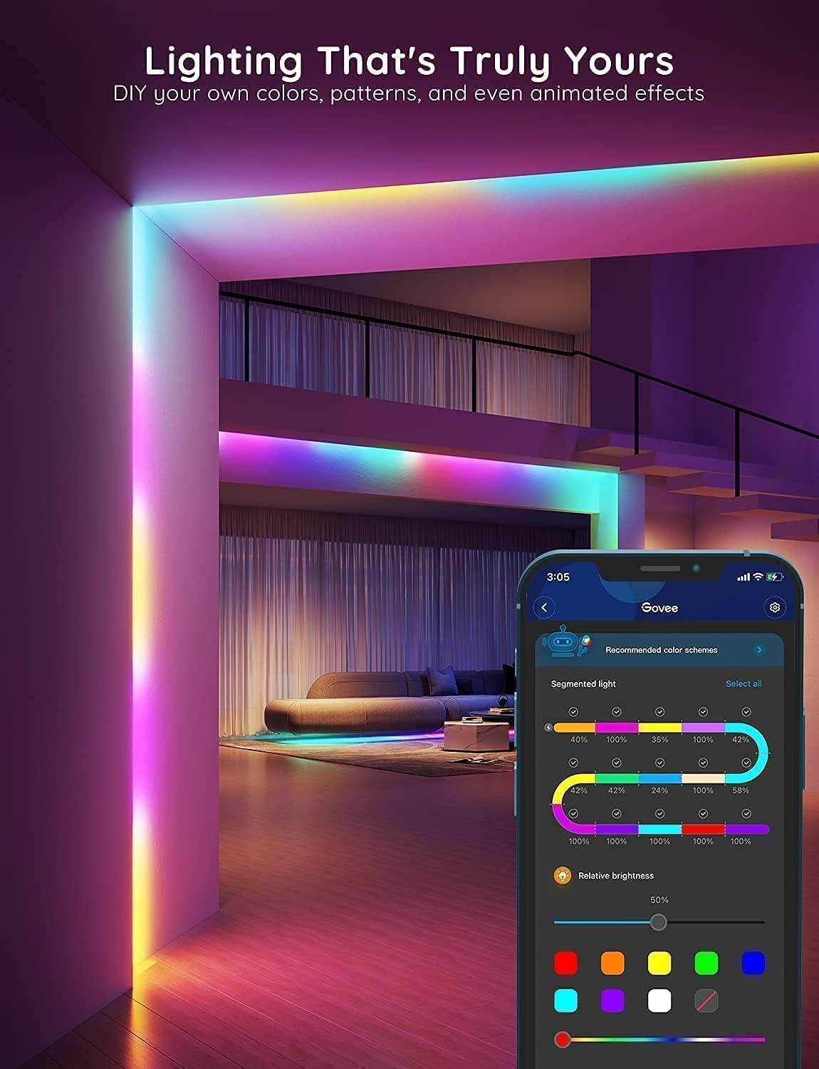 Govee 100ft RGBIC LED Strip Lights, Smart LED Lights Work with Alexa and Google Assistant, LED Lights for Bedroom WiFi App Control Segmented DIY Multiple Colors, Color Changing Light, (2 x 50ft)