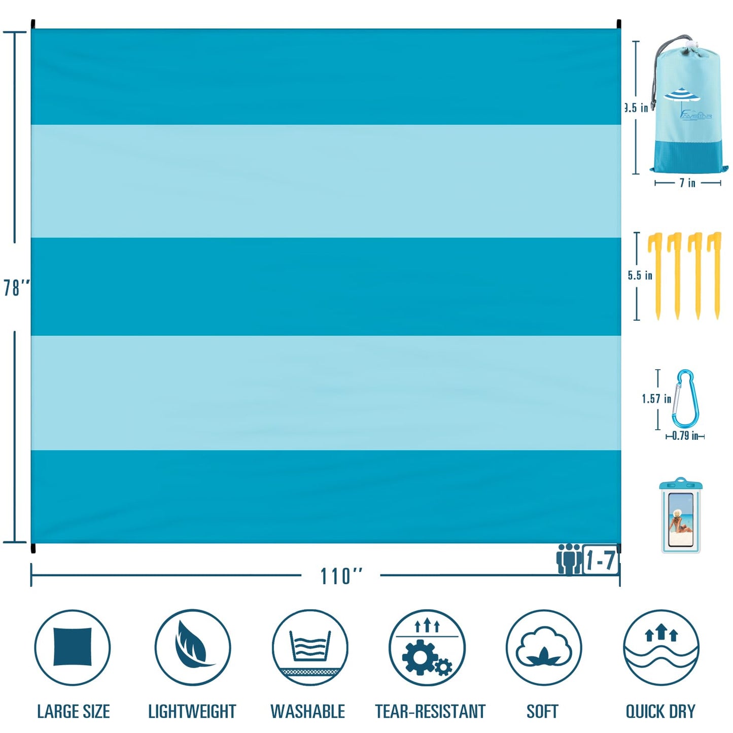 Famstar Beach Blanket Sandproof Waterproof 78''×110'' 1-7Adults Oversized,Compact Lightweight Durable Beach Mat for Travel Camping Hiking Picnic Blanket