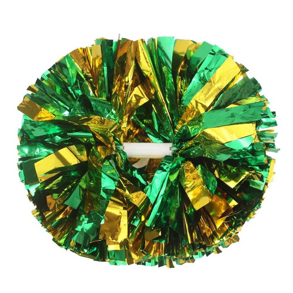 Hooshing 2PCS Cheerleading Pom Poms Gold and Green Metallic Cheer Pom Poms with Baton Handle for Sports Dance Team Spirit Party Kids Adults